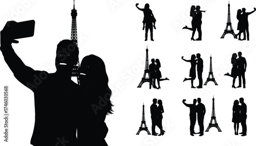 Romantic couple silhouettes taking selfies near Eiffel Tower, Paris love theme, travel romance concept, Valentine moment, relationship illustration art.