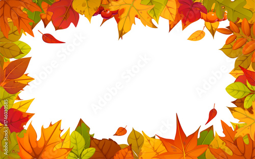 Autumn fall leaves and Thanksgiving frame with red, orange and yellow foliage, vector background. Folling leaves frame of maple, oak or rowan and ash and elm tree foliage for Thansgiving holiday