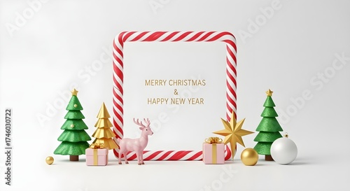 **Best SEO Title for Adobe Stock:**
A Minimalist Christmas and New Year Greeting Scene with Candy Cane Frame, Gold Trees, and Reindeer Decoration
