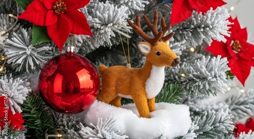 A Christmas Reindeer Ornament with Red Bauble and Poinsettia on Snowy Tree a Festive Holiday Decoration Background