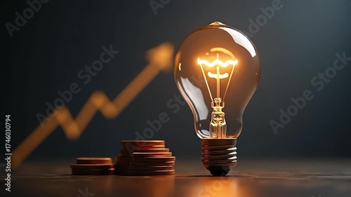 Glowing light bulb with coins and a rising graph symbolizing increasing electricity costs