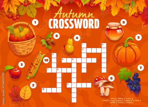 Crossword quiz game grid with thanksgiving and autumn fall season harvest. Vector fun crossword puzzle for kids featuring pumpkins, apples, mushrooms, corn, leaves, honey, acorns, and a fruit basket
