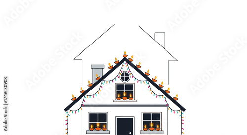 Festive Diwali Home Illustration Showcasing Traditional Decorations for Cultural Celebrations and Holiday Greetings, Ideal for event promotions and cultural awareness campaigns.