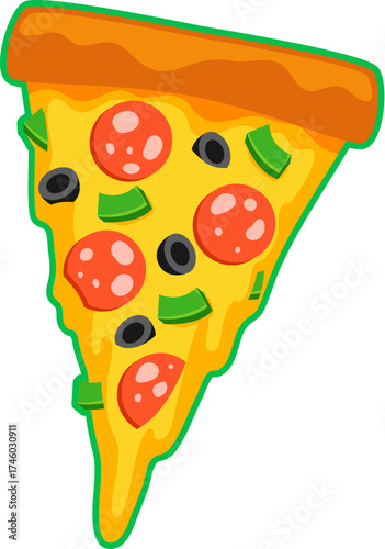 Fast food pizza slice retro Y2K sticker or tag. Street food restaurant funky vector patch, takeaway meal retro hippie tag. Fast food cafe label or Y2K sticker with Italian pizzeria salami pizza piece