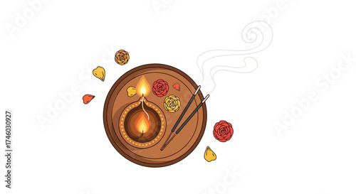 Festive Diwali Celebration Illustration with Traditional Diya, Incense Sticks, and Colorful Floral Accents for Cultural and Religious Holiday Designs