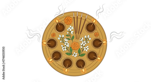 Festive Diwali Pooja Thali Illustration Representing Traditional Hindu Celebration of Light and Prosperity for Cultural Events and Religious Observances