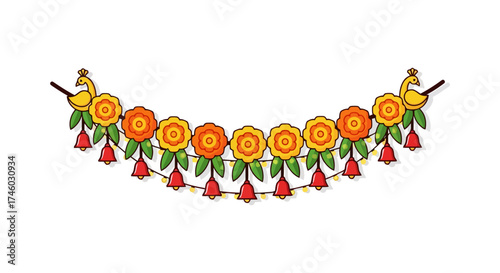 Festive Toran Decoration with Marigold Flowers and Peacock Accents for Cultural Celebrations and Traditional Home Decor