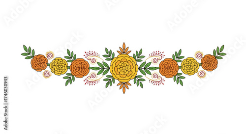 Decorative floral arrangement featuring marigolds and foliage for festive celebrations and cultural events, ideal for graphic design projects and event invitations.