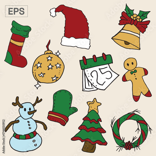 Christmas Holiday Festive Collection Stocking, Hat, Bells, and Ornaments