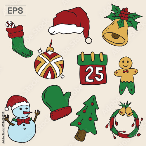 Christmas Holiday Festive Collection Stocking, Hat, Bells, and Ornaments