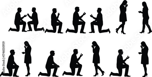 Romantic marriage proposal silhouette, man kneeling with ring, woman emotional reaction, engagement love moment, wedding, relationship, romantic couple concept.