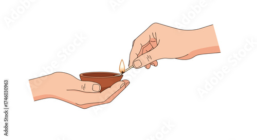 Lighting a Traditional Clay Diya for Diwali Celebrations, Symbolizing Hope, Light, and Prosperity. Suitable for cultural events, festivals, and religious illustrations.