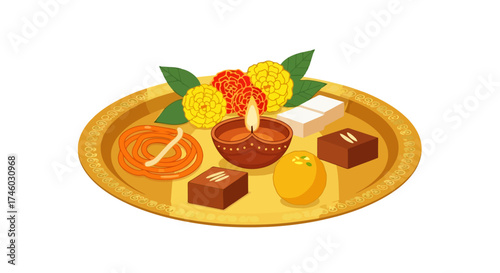 Vibrant Diwali Celebration Illustration Featuring Traditional Sweets, Flowers, and a Lit Diya on a Golden Tray. Ideal for Greeting Cards and Cultural Event Promotions.