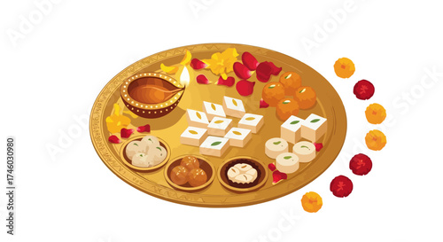 Festive Diwali Sweets and Diya on a Golden Plate, Symbolizing Auspicious Beginnings and Celebratory Traditions, Perfect for Cultural Events and Festive Marketing Materials.