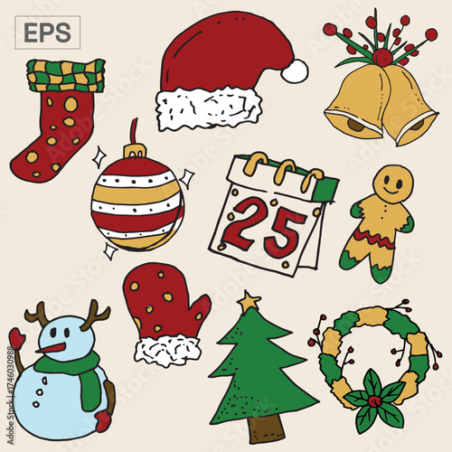Christmas Holiday Festive Collection Stocking, Hat, Bells, and Ornaments