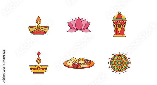 Vibrant Diwali Celebration Icons Featuring Traditional Elements for Festival Greetings and Cultural Event Promotions for use in graphic design projects.