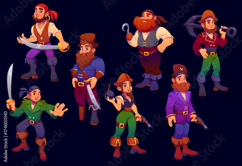 Cartoon medieval pirate man and corsair woman characters with hook, guns and swords, anchors and cannon ball. Vector cute pirate captain, corsair sailor, boatswain and skipper characters in costumes