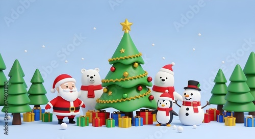 3D Christmas Scene with Santa Claus, Snowman, Polar Bears, Penguin, and Christmas Tree with Gifts in Winter Wonderland