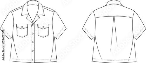 Short sleeve button up shirt flat sketch, front and back fashion technical drawing, unisex casual top clothing vector template design.Short sleeve button 