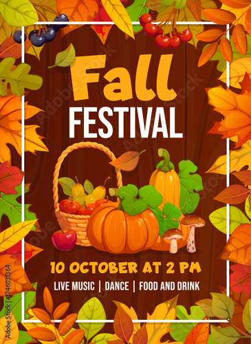 Fall festival party poster with autumn season leaves, ripe pumpkins and apples, vector invitation. Fall festival or picnic concert party poster with harvest basket of pumpkins, mushrooms and fruits