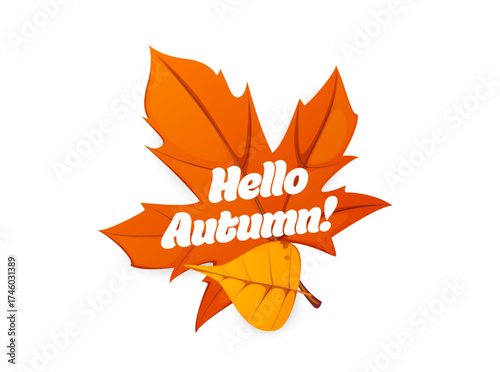 Hello autumn banner with red fall leaf. Cartoon vector bright autumnal forest leaves, one orange maple and one yellow, with seasonal greeting. Cheerful and festive welcoming greeting card