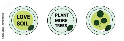 Eco badges plant trees and love soil for sustainability, representing World Soil Day