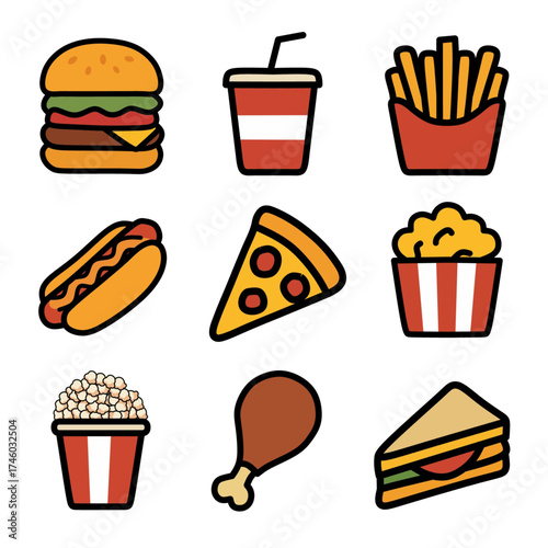 Fast Food Icons Set: Burger, Fries, Pizza, Hotdog and More