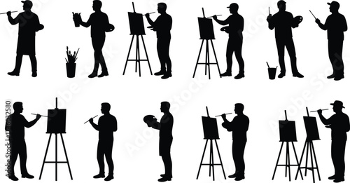 Silhouette of artists painting on easels, creative painter holding palette and brush, artistic people illustration, art studio drawing concept design