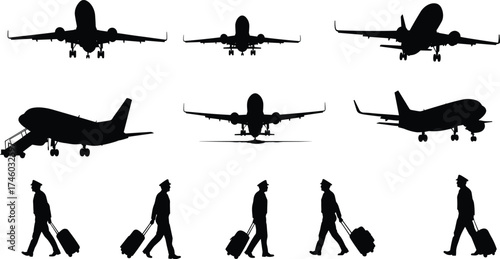 Silhouette of airplane and pilots walking with luggage, aviation travel concept, professional airline crew illustration, airport lifestyle vector design