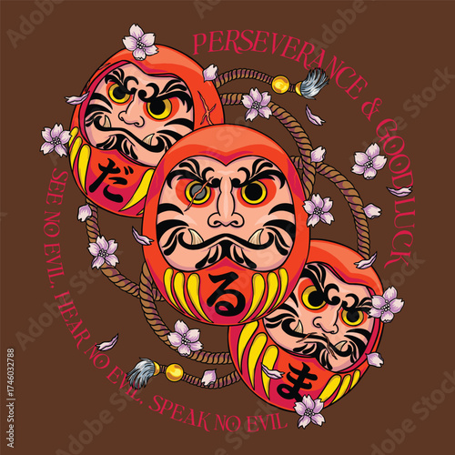 Japanese Daruma Doll Illustration with Sakura Flowers and Lucky Charm Theme.