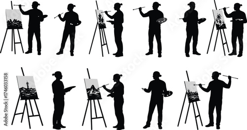 Silhouette of artists painting on easels, creative painters with brushes and palettes, artistic illustration of drawing and painting conceptSilhouette of artists painting on easels, 