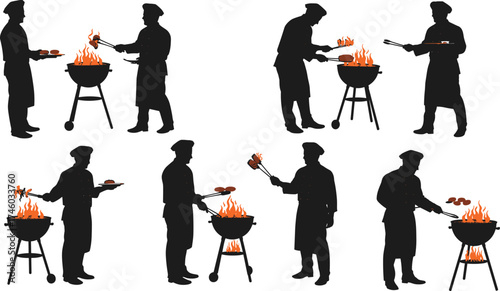 Silhouette of chef grilling food on open fire, man cooking barbecue outdoors, BBQ flames, summer cooking, restaurant concept illustration.