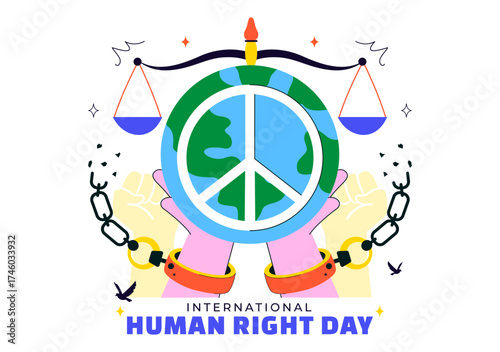 International Human Rights Day Vector Illustration Featuring Diverse People Breaking Chains for Equality, Unity, Freedom, and Peace in Flat Background