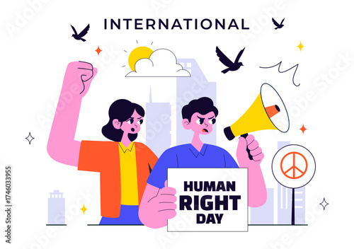 International Human Rights Day Vector Illustration Featuring Diverse People Breaking Chains for Equality, Unity, Freedom, and Peace in Flat Background