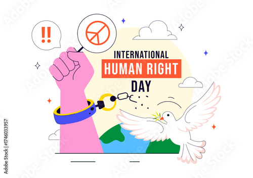 International Human Rights Day Vector Illustration Featuring Diverse People Breaking Chains for Equality, Unity, Freedom, and Peace in Flat Background
