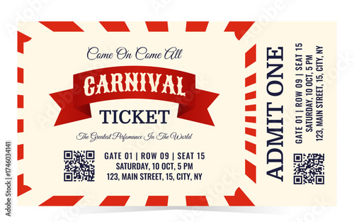 Carnival admission ticket with red ribbon, QR code and vintage fonts on cream background. Template for circus, fair and festival designs. Flat vector illustration