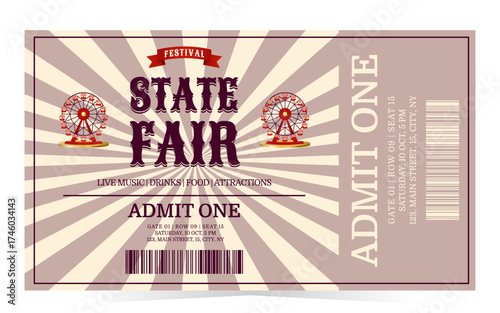 Retro state fair ticket with sunburst rays, fairground wheel icons and classic fonts. Template for amusement, carnival, and nostalgic projects. Flat vector illustration
