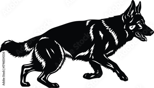 German shepherd silhouette isolated on white background, a strong and noble canine illustration perfect for security, loyalty, or policethemed designs, showcasing the breeds iconic form