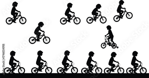 Silhouette of children riding bicycles, kids cycling activity, healthy lifestyle, outdoor fun, sport training, motion exercise, childhood learning, vector illu