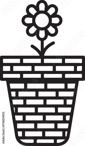 Illustration of a flower in a pot, displaying a simple floral design with a blooming flower atop a brickpatterned pot, rendered in a clean, graphic style, conveying growth and nature on