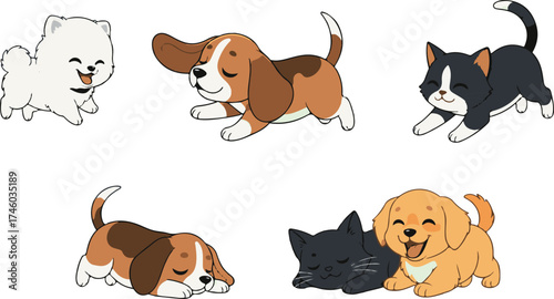Vector art of a delightful collection of playful puppies and kittens, each with unique expressions and poses, interacting with a colorful ball and leaving paw prints, creating a heartwarming scene of 