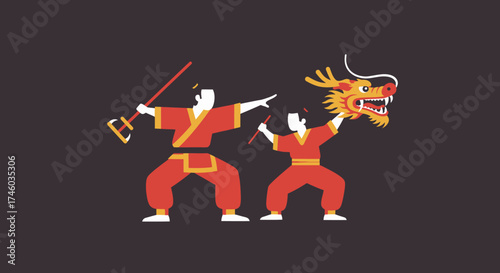 Chinese Martial Artists Performing with Dragon Flat Illustration