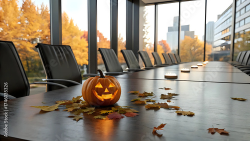 A glowing jack-o'-lantern pumpkin on long conference table, empty boardroom with city view background - business meeting conference, corporate Halloween party, fun office celebration concept