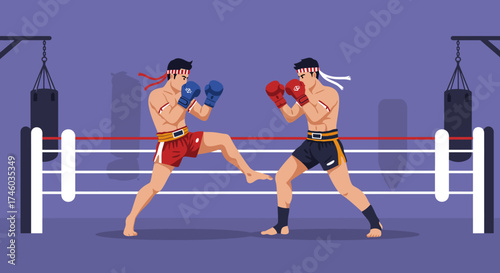 Muay Thai Fighters Training in Boxing Ring Flat Illustration