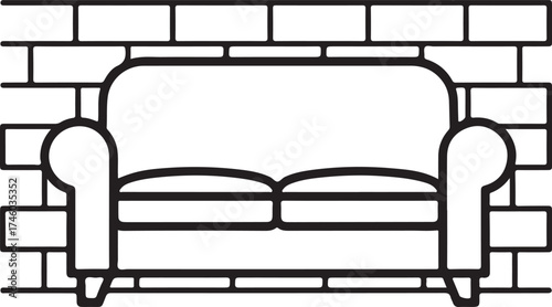 Vector art of sofa in front of brick wall a cozy interior scene featuring a comfortable sofa set against a detailed brick wall, symbolizing relaxation and home decor on