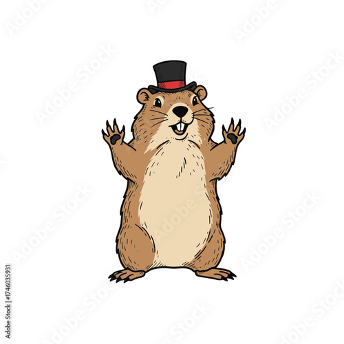 Cartoon groundhog wearing a top hat and smiling with raised paws  