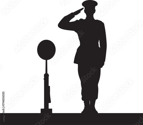 Silhouette of soldier saluting with rifle nearby