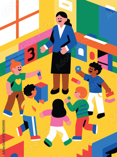 illustration of Diverse Group Of Children Engaged In Playful Activities Under The Supervision Of Teacher Vector Design Template