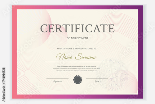 Elegant certificate template with pastel gradient and geometry, decorative frame. Editable vector, printable, customizable design for diplomas, awards, and corporate events. Suitable for any occasion.