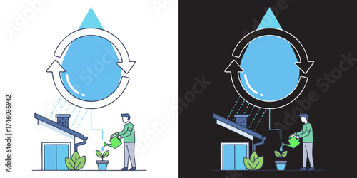 Sustainable living concept showcasing rainwater harvesting for plant irrigation in a modern home, promoting eco-friendly practices and water conservation awareness beautifully illustrated